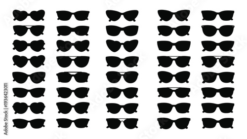 A large collection of black sunglasses