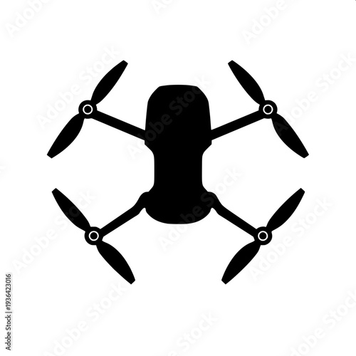 Quadcopter drone silhouette with camera, dropping grenade below, black stencil vector illustration, military concept, white background