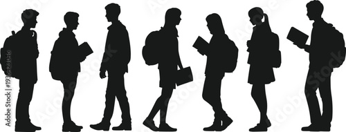 Set of black silhouettes of students with backpacks and books standing and talking isolated on white background for education design,