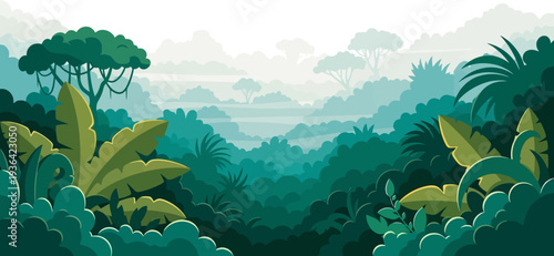 Dense jungle canopy view of deep green rainforest