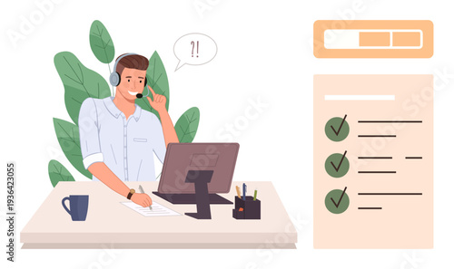 Customer service, task management, online support, remote work, communication, workflow optimization. A man wearing a headset at a desk with a checklist. Customer service and task management concept