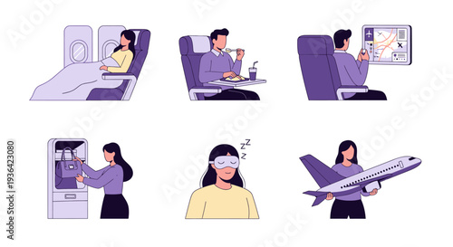 Six flatstyle illustrations depicting various inflight passenger activities
