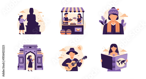 Six illustrated vignettes featuring tourism culture music and food stalls