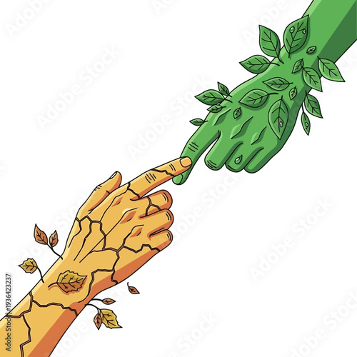 Two hands reaching, one dry and cracked, the other green and leafy, symbolizing nature's touch
