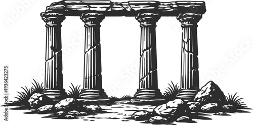 Ancient Greek Ruins Columns Minimalist Black and White Line Art Illustration.