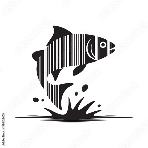 A leaping fish silhouette incorporating a barcode pattern symbolizing consumerism