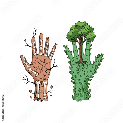 Two hands, one skeletal and decaying, the other alive with a tree growing from it