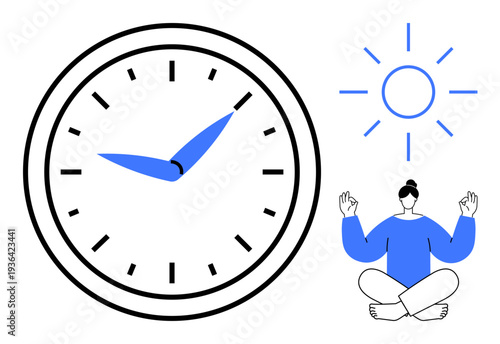 Time management, mindfulness, relaxation, work-life balance, stress relief, daily routine. A clock, sun and person meditating in lotus pose. Time management and mindfulness concept