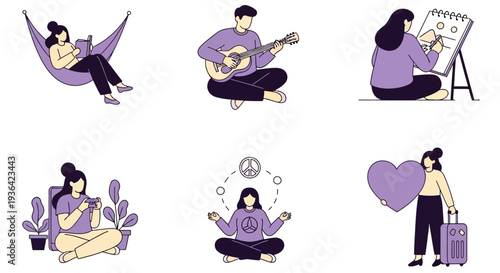 Six minimalist illustrations depicting leisure activities and selfcare arranged in two rows