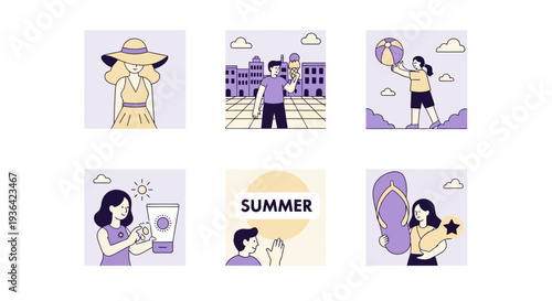 Six purple and yellow vector illustrations depicting various summer activities and objects