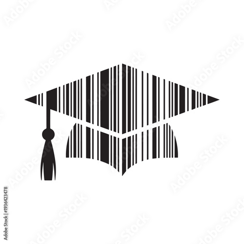 A graduation cap creatively filled with striking black and white barcode lines