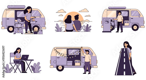 Six vignettes depicting van life activities including cooking sunset viewing refueling working decorating and holding a road