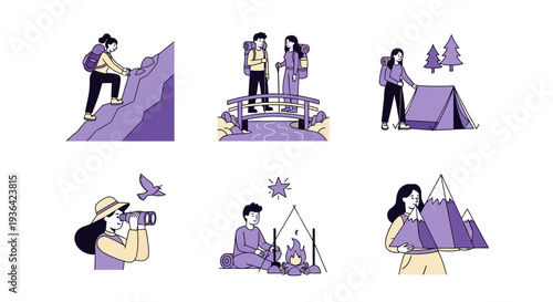 Six vignettes illustrating various outdoor recreational activities like hiking camping and nature observation