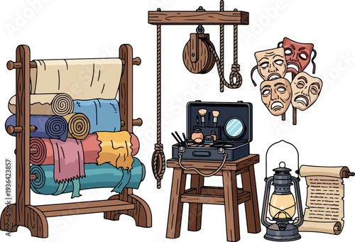 An artist's workspace with loom, masks, lantern, and scroll on a wooden table, surrounded by various crafting tools and materials.