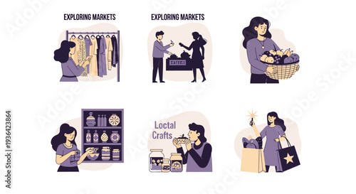 Six vignettes show people exploring markets shopping and interacting with crafts and produce