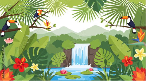Exotic toucans perched in a vibrant rainforest with a hidden waterfall