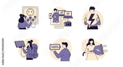 Six vignettes showing people interacting with electricity charging devices and solar power