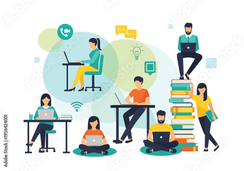 People working and studying online with laptops, remote collaboration concept