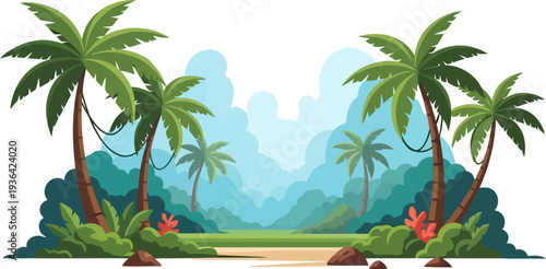 Jungle clearing with palm trees and path