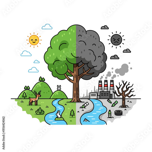 Nature vs Industry: Split Image of Clean Environment and Pollution