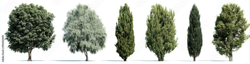 Fototapeta premium Six different trees of varying shapes and shades, from full-bodied to columnar, are lined up