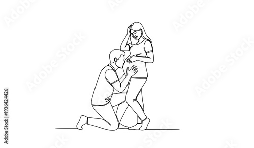 Continuous One Line Couple Pregnancy Announcement Man Kissing Pregnant Belly Vector Illustration
