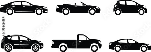 Black vehicle silhouettes side view, sedan, convertible, hatchback, SUV, pickup truck, automotive design icons, transportation vector illustration collection