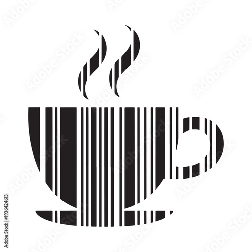 A minimalist black and white illustration of a coffee cup with rising steam