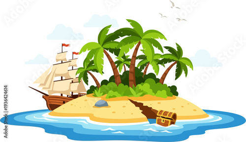 Pirate treasure island with ship and gold chest