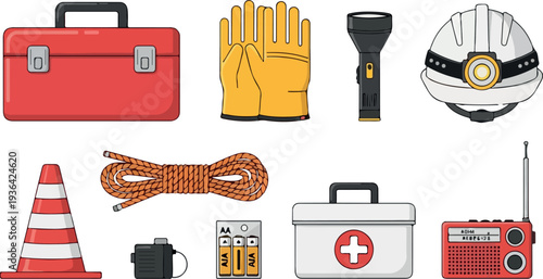 Assorted emergency and construction equipment gathered on a white surface viewed from directly above