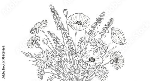 Hand-drawn flower bunch black outline, nature coloring page style.