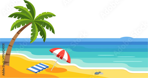 Relaxing beach scene with red umbrella and palm tree