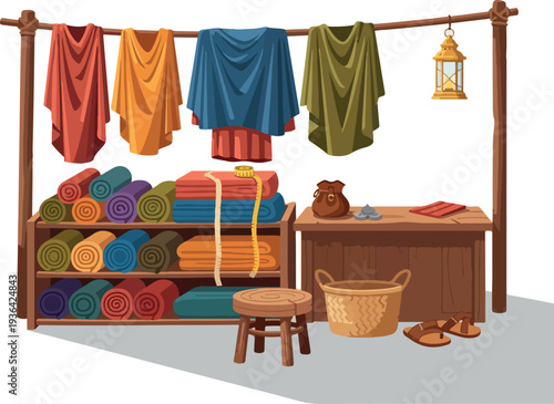 Vibrant textiles and garments on display at a traditional marketplace stall with assorted fabrics and accessories