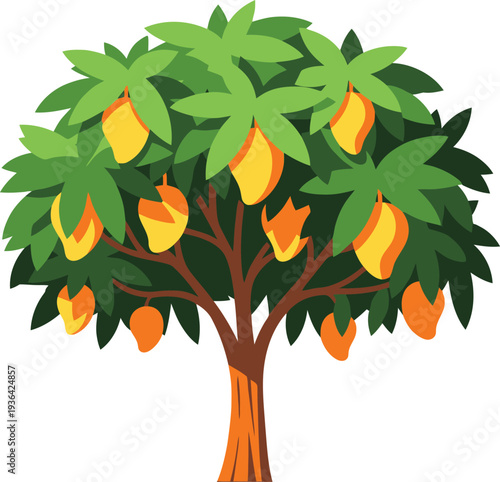 Ripe mango tree bearing yellow fruit among green leaves