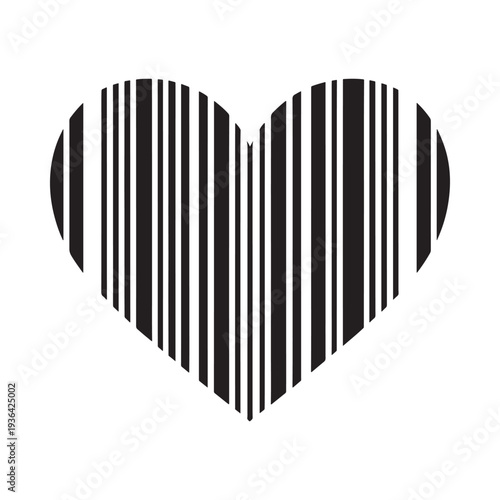 A striking black and white heart shape composed of vertical barcode lines