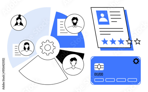 Candidate profiles on a segmented chart with a gear, detailed resume and evaluation stars, credit card representation. Ideal for hiring, HR, recruitment, profile assessment, team management, business
