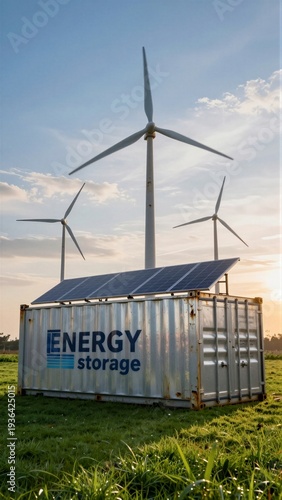 Renewable energy storage system with solar panels and wind turbines for sustainable power solutions