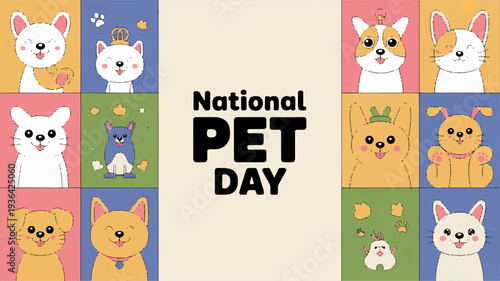 National pet day celebration with adorable cartoon animals and colorful backgrounds