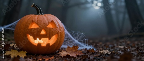 Spooky Halloween pumpkin glowing in misty dark forest for seasonal holiday promotion banner