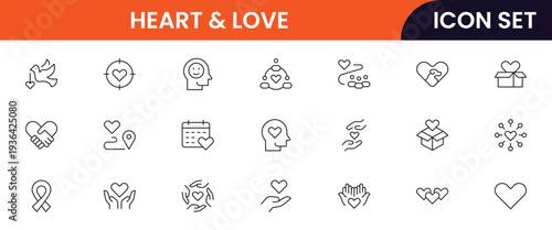 Heart and love icons depicting love, romance, affection, emotions, relationships, care, passion, dating, feelings, kindness, compassion, friendship, support, wellness, and connection.