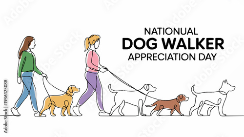 Two women walking multiple dogs on leashes celebrating national dog walker appreciation day with colorful illustration