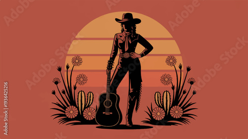 Cowboy with guitar standing confidently at sunset with cacti and wildflowers in desert landscape