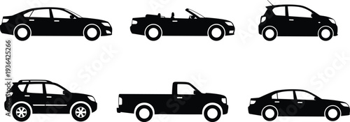Black vehicle silhouettes, sedan, convertible, hatchback, SUV, pickup truck, automotive design icons, transportation illustration, car type vector collection