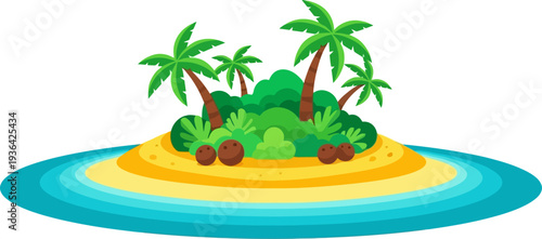 Tiny circular island with palms and coconuts in the blue sea