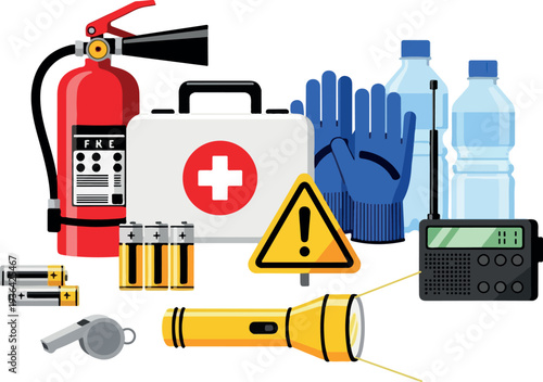 Emergency kit supplies including a fire extinguisher, first aid kit, gloves, water bottles, batteries, flashlight, and radio on display.