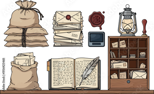 Vintage office desk with sacks of documents, stacks of letters, and a bookshelf containing various papers and a lantern from an overhead viewpoint.