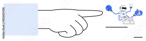 Automation, AI concepts, task management, robotics, decision-making, technology advancements. A robotic figure multitasking with digital elements, guided by a pointing hand. Automation and AI