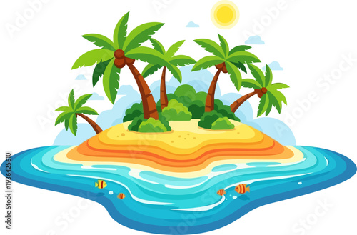 Tropical island landscape with small fish swimming in the surrounding water