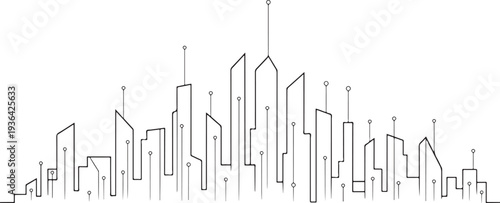 Circuit board city skyline with digital technology connection lines and network data nodes art
