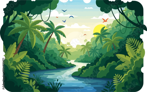 Tropical river flows through lush jungle at sunrise